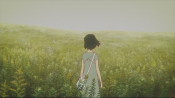 Movie still from “Wolf Children” (2012), directed by Mamoru Hosoda – A woman in a field with a bag of flowers; Extreme Wide shot, Low angle