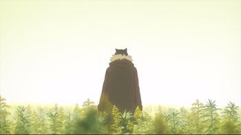 Movie still from “Wolf Children” (2012), directed by Mamoru Hosoda – An animated cat is standing in the grass; Wide shot, Low angle