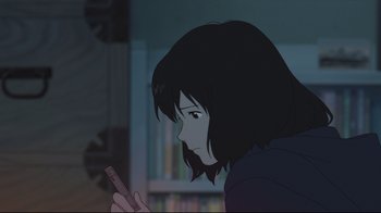 Movie still from “Wolf Children” (2012), directed by Mamoru Hosoda – A woman looking at her cell phone in a dark room; Close Up shot, Over the shoulder angle