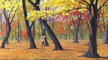 Movie still from “Wolf Children” (2012), directed by Mamoru Hosoda – A painting of a person walking in the woods; Extreme Wide shot, Low angle