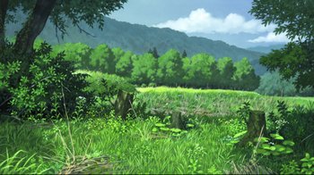 Movie still from “Wolf Children” (2012), directed by Mamoru Hosoda – An oil painting of a grassy field with trees in the background; Extreme Wide shot, Low angle