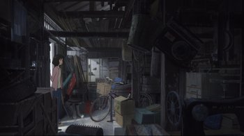 Movie still from “Wolf Children” (2012), directed by Mamoru Hosoda – An animated scene of a room with a bicycle in it; Extreme Wide shot, High angle