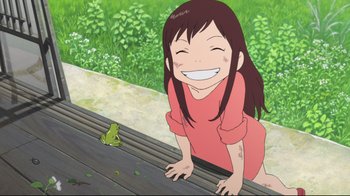 Movie still from “Wolf Children” (2012), directed by Mamoru Hosoda – A cartoon of a girl sitting on a bench next to a frog; Medium shot, High angle