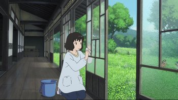 Movie still from “Wolf Children” (2012), directed by Mamoru Hosoda – An animated scene of a woman looking out of a window; Wide shot, Low angle
