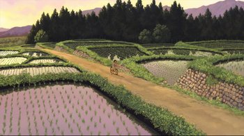 Movie still from “Wolf Children” (2012), directed by Mamoru Hosoda – An illustration of a person riding a bike down a dirt road; Extreme Wide shot, High angle