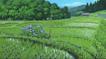 Movie still from “Wolf Children” (2012), directed by Mamoru Hosoda – An oil painting of a field with a cow in the background; Extreme Wide shot, High angle