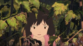 Movie still from “Wolf Children” (2012), directed by Mamoru Hosoda – A young girl with brown hair and a pink shirt is in the woods; Close Up shot, High angle
