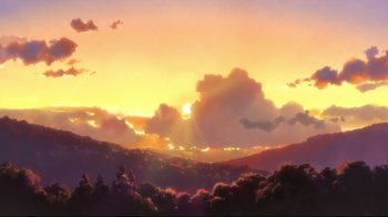 Movie still from “Wolf Children” (2012), directed by Mamoru Hosoda – The sun is setting over the mountains and trees; Extreme Wide shot, Low angle