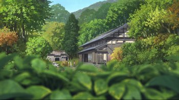 Movie still from “Wolf Children” (2012), directed by Mamoru Hosoda – An artist's rendering of a house in the middle of a forest; Extreme Wide shot, Low angle