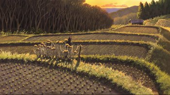 Movie still from “Wolf Children” (2012), directed by Mamoru Hosoda – An oil painting of a field with trees in the background; Extreme Wide shot, High angle