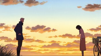 Movie still from “Wolf Children” (2012), directed by Mamoru Hosoda – A couple of people standing on top of a hill; Extreme Wide shot, Low angle