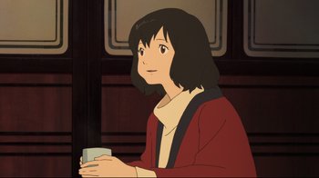 Movie still from “Wolf Children” (2012), directed by Mamoru Hosoda – An animated woman is holding a cup in her hand; Close Up shot, Over the shoulder angle