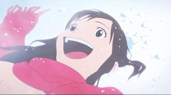 Movie still from “Wolf Children” (2012), directed by Mamoru Hosoda – An animated picture of a woman with a red scarf; Close Up shot, Overhead angle
