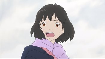 Movie still from “Wolf Children” (2012), directed by Mamoru Hosoda – An animated picture of a woman with a surprised look; Close Up shot, Over the shoulder angle