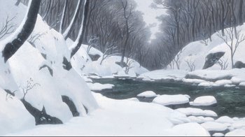Movie still from “Wolf Children” (2012), directed by Mamoru Hosoda – A painting of a snowy landscape with a river and trees; Extreme Wide shot, High angle
