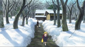 Movie still from “Wolf Children” (2012), directed by Mamoru Hosoda – An illustration of a child walking down a snowy path; Extreme Wide shot, High angle