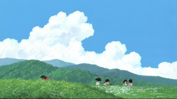 Movie still from “Wolf Children” (2012), directed by Mamoru Hosoda – A group of people sitting in a field of flowers; Extreme Wide shot, Low angle