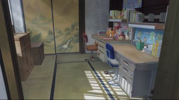 Movie still from “Wolf Children” (2012), directed by Mamoru Hosoda – A painting of a room with a desk and a chair; Extreme Wide shot, High angle
