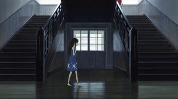 Movie still from “Wolf Children” (2012), directed by Mamoru Hosoda – An animated woman is walking down a set of stairs; Extreme Wide shot, High angle