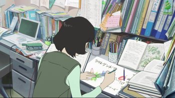 Movie still from “Wolf Children” (2012), directed by Mamoru Hosoda – A woman is sitting at a desk and writing on a piece of paper; Medium shot, High angle