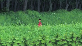 Movie still from “Wolf Children” (2012), directed by Mamoru Hosoda – A person standing in the middle of a lush green field; Extreme Wide shot, High angle