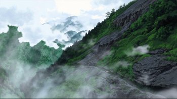 Movie still from “Wolf Children” (2012), directed by Mamoru Hosoda – A painting of a mountainous area with trees and clouds; Extreme Wide shot, High angle