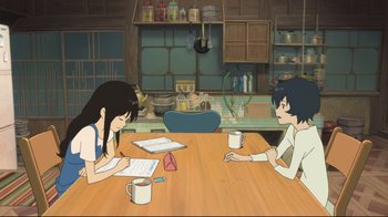 Movie still from “Wolf Children” (2012), directed by Mamoru Hosoda – Two people sitting at a wooden table in front of a cup of coffee; Wide shot, High angle