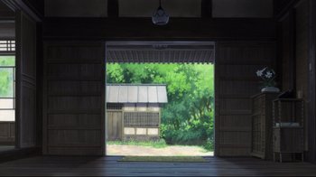 Movie still from “Wolf Children” (2012), directed by Mamoru Hosoda – An open door leading to a room that has trees in the background; Extreme Wide shot, High angle