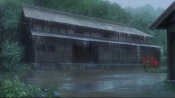 Movie still from “Wolf Children” (2012), directed by Mamoru Hosoda – A building that has a lot of windows in it; Extreme Wide shot, Low angle