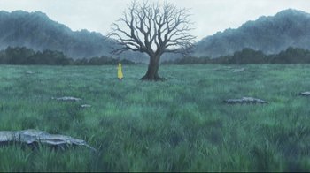 Movie still from “Wolf Children” (2012), directed by Mamoru Hosoda – An oil painting of a tree in the middle of a green field; Extreme Wide shot, High angle