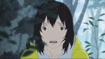 Movie still from “Wolf Children” (2012), directed by Mamoru Hosoda – An animated woman with long black hair looking surprised; Close Up shot, High angle