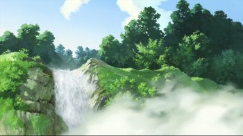 Movie still from “Wolf Children” (2012), directed by Mamoru Hosoda – A painting of a waterfall in the middle of a forest; Extreme Wide shot, Low angle