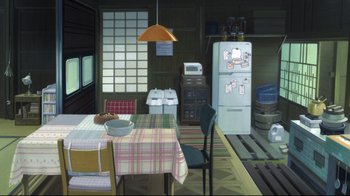 Movie still from “Wolf Children” (2012), directed by Mamoru Hosoda – A kitchen with a table and a refrigerator; Extreme Wide shot, High angle