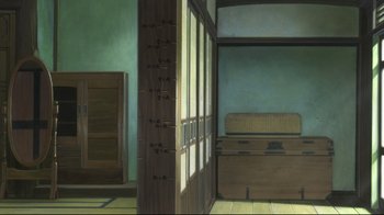 Movie still from “Wolf Children” (2012), directed by Mamoru Hosoda – An empty room with an open door and an open window; Extreme Wide shot, Low angle