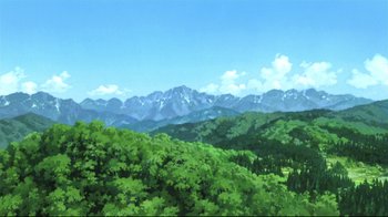 Movie still from “Wolf Children” (2012), directed by Mamoru Hosoda – A painting of a mountain range with a lot of trees; Extreme Wide shot, Low angle
