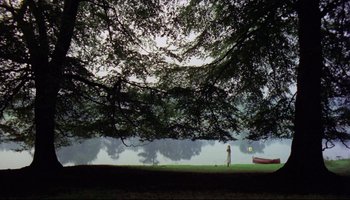 Movie still from “Women in Love” (1969), directed by Ken Russell – A man standing under a tree near a body of water; Extreme Wide shot, Low angle