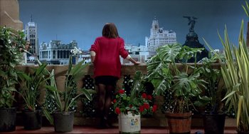 Movie still from “Women on the Verge of a Nervous Breakdown” (1988), directed by Pedro Almodóvar – A woman standing on a balcony looking out over a city; Wide shot, High angle