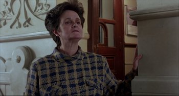 Movie still from “Women on the Verge of a Nervous Breakdown” (1988), directed by Pedro Almodóvar – An older woman in a blue and brown checkered shirt; Close Up shot, Low angle