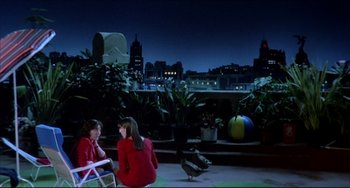 Movie still from “Women on the Verge of a Nervous Breakdown” (1988), directed by Pedro Almodóvar – Two women sitting on a deck at night; Wide shot, High angle