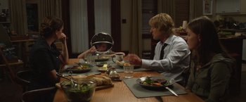 Movie still from “Wonder” (2017), directed by Stephen Chbosky – A man sitting at a dinner table with a child; Medium shot, Over the shoulder angle