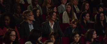 Movie still from “Wonder” (2017), directed by Stephen Chbosky – A group of people sitting in a row of seats; Medium shot, High angle