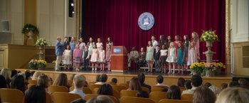 Movie still from “Wonder” (2017), directed by Stephen Chbosky – A group of children standing on a stage in front of an audience; Extreme Wide shot, High angle