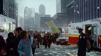 Movie still from “World Trade Center” (2006), directed by Oliver Stone – A group of people walking down a street; Wide shot, Low angle