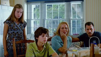 Movie still from “World Trade Center” (2006), directed by Oliver Stone – A group of people sitting at a table; Medium shot, Over the shoulder angle