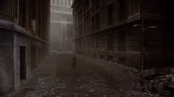 Movie still from “World Trade Center” (2006), directed by Oliver Stone – A fire hydrant on a city street in the fog; Extreme Wide shot, High angle