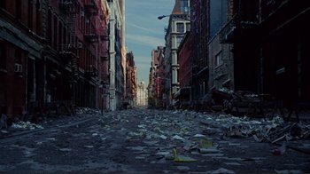 Movie still from “World Trade Center” (2006), directed by Oliver Stone – An empty street in the middle of a city; Extreme Wide shot, High angle
