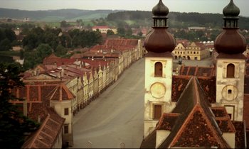 Movie still from “Woyzeck” (1979), directed by Werner Herzog – An aerial view of an old european town; Extreme Wide shot, High angle