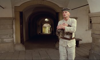 Movie still from “Woyzeck” (1979), directed by Werner Herzog – An old man holding a cat while standing in an alley way; Wide shot, Low angle