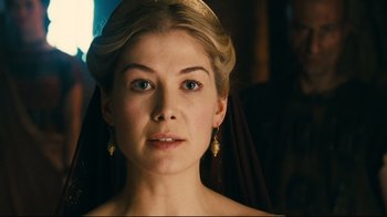 Movie still from “Wrath of the Titans” (2012), directed by Jonathan Liebesman – A person wearing a tiara; Close Up shot, Over the shoulder angle
