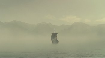 Movie still from “Wrath of the Titans” (2012), directed by Jonathan Liebesman – A sail boat in the middle of the water; Extreme Wide shot, High angle